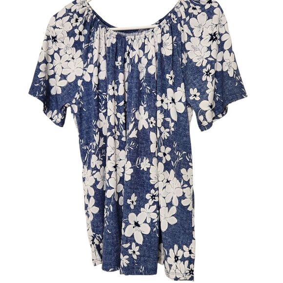 Floral Top For Women Size Medium Blue Floral Ruffle Front Short Sleeve - Picture 6 of 11
